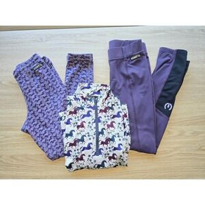 Kerrits Girls Riding Outfit Bundle 3-Piece Purple Horse Print Leggings & Top